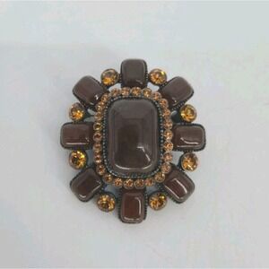 Czech Glass Amber Cognac Brown Rhinestone Domed Brooch Pin Cabochon 33g Vintage